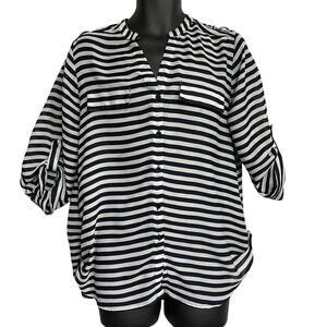 Antilia Femme Womens Button Up Shirt XL Blue White Striped Roll Tab Sleeve FLAW
